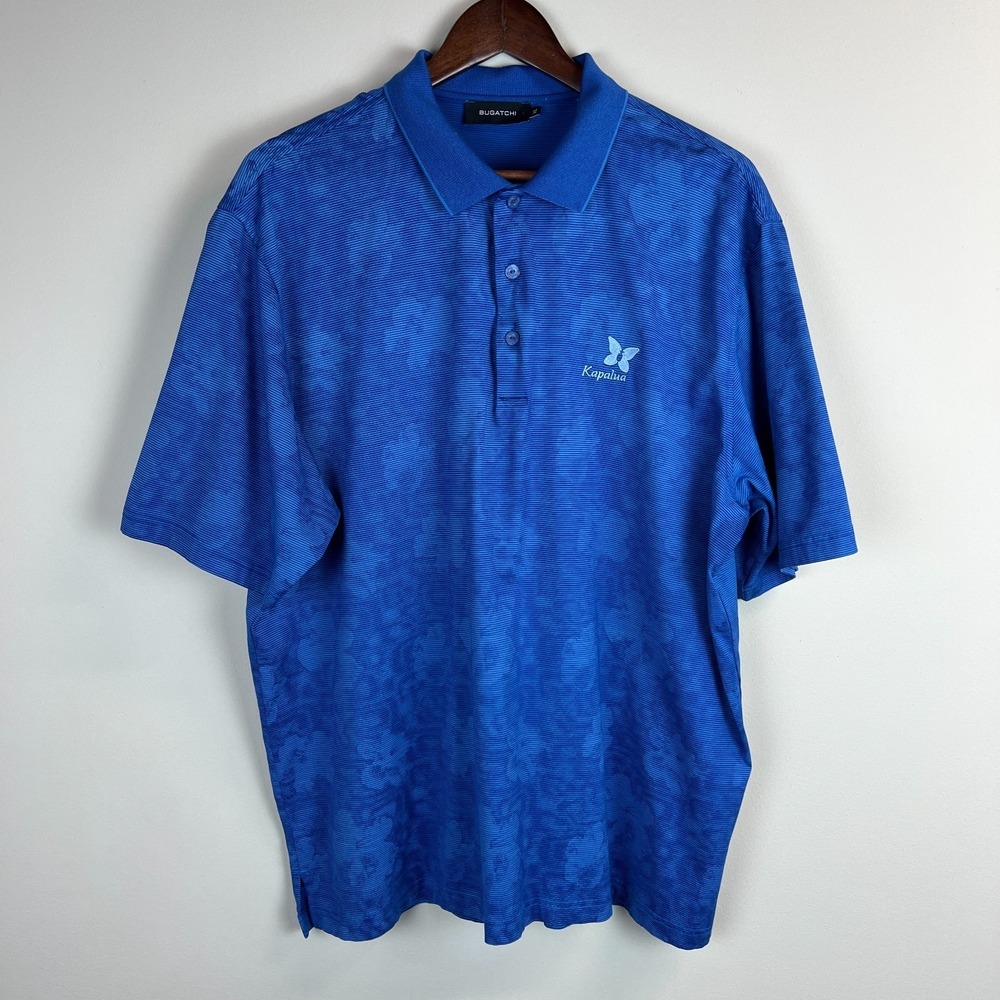 Bugatchi Kapalua Polo Shirt Mens XL Blue Floral Hibiscus Stripe Golf 100% Cotton